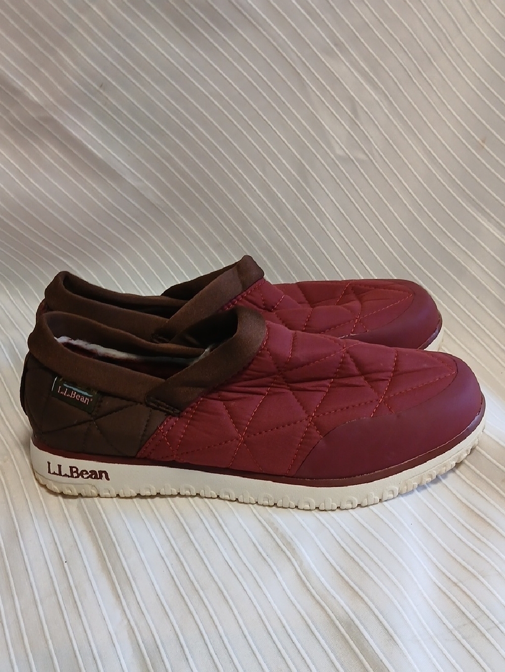 L.L.Bean Quilted Slip-On Shoes in Burgundy and Brown with White Sole